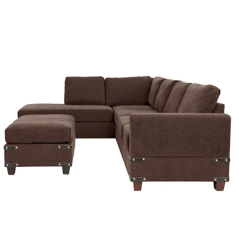 Poundex 3 Piece Fabric Sectional Sofa Set with Ottoman