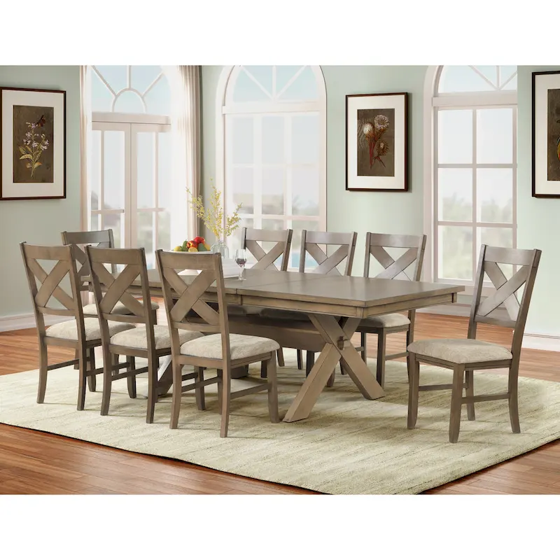 9-Piece Extendable Dining Set with Trestle Table & 8 Cross-Back Chairs, Glazed Pine Brown, Seats 8-10, Farmhouse Style