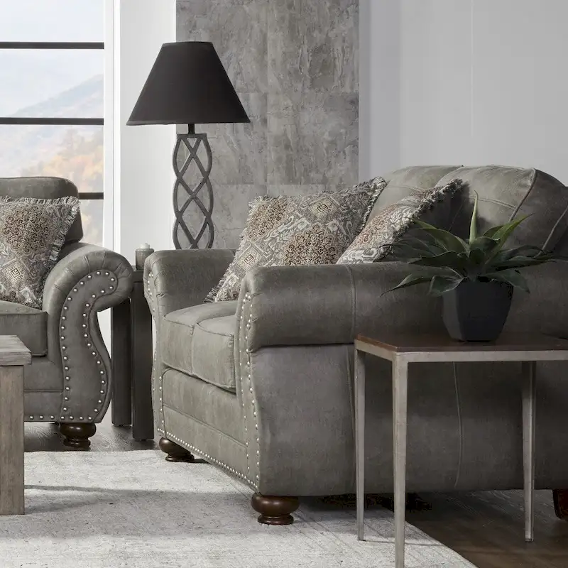 Roundhill Furniture Leinster Stone Grey Faux Leather-upholstered Nailhead Loveseat