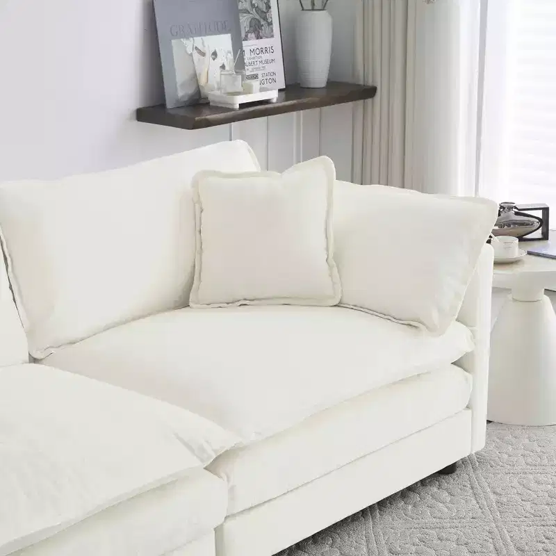 MAYEERTY Chenille Two Seater Sofa with Footrest Ottoman L Shaped Sectional for Small Living Room White