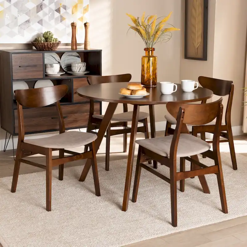 Solid Wood Dining with Half-Round Legs, 4 Chairs & Bench – Natural / Grey, Seats 6
