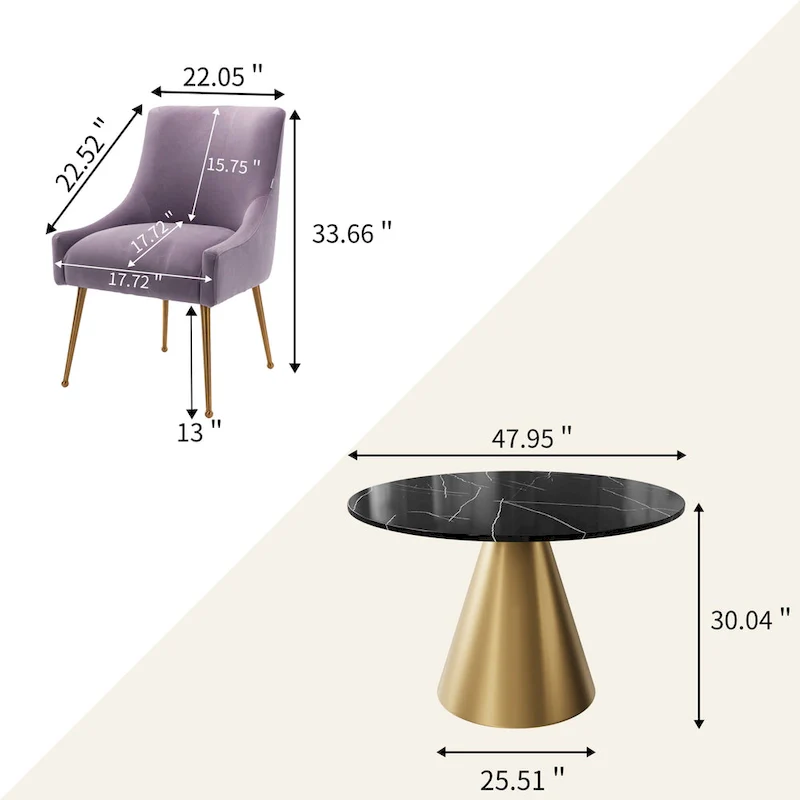 Clihome 5 Piece Black Marble Top Table with Velvet Dining Chair Set