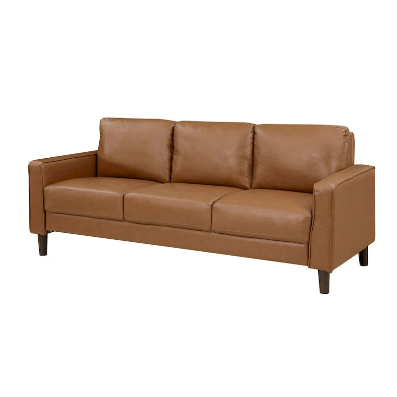 Stark 77 Inch Sofa, Brown Faux Leather, Track Style Arms, Solid Wood Frame