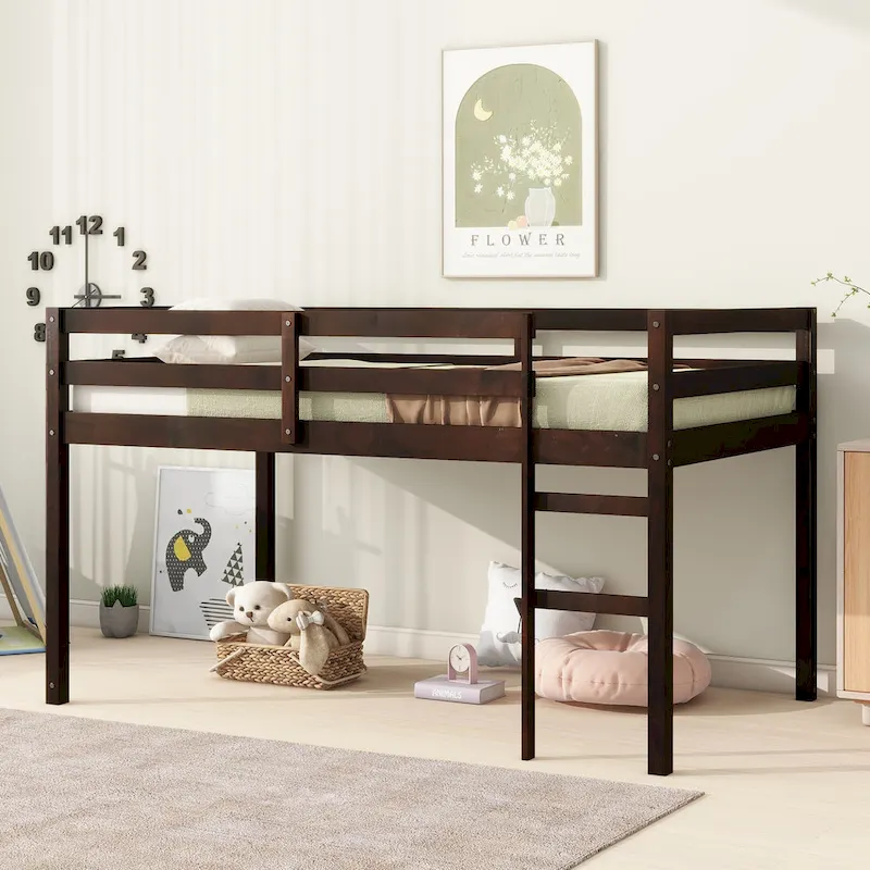 Twin Rubber Wood Loft Bed with Strengthened Slats