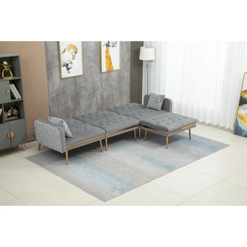 Polyester Upholstered Tufted Sleeper L-Shaped Sectional Sofa With Ottoman