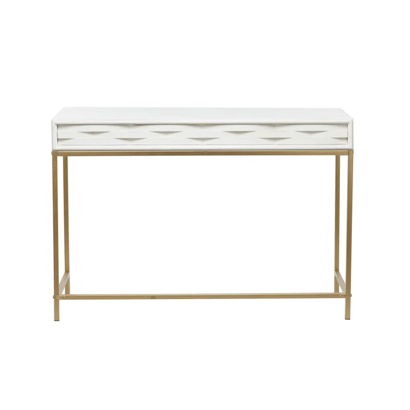 Wooden 2 Drawers Console Table with Gold Metal Frame - White