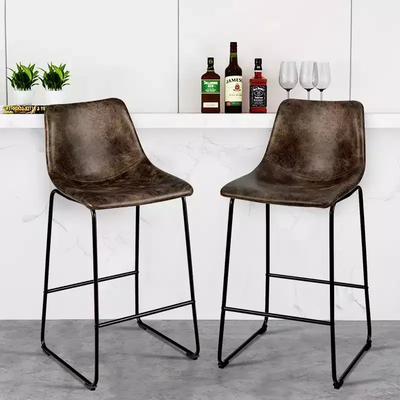 Costway Set of 2 Bar Stool Faux Suede Upholstered Kitchen Dining Chair w/Metal Legs Grey\Brown