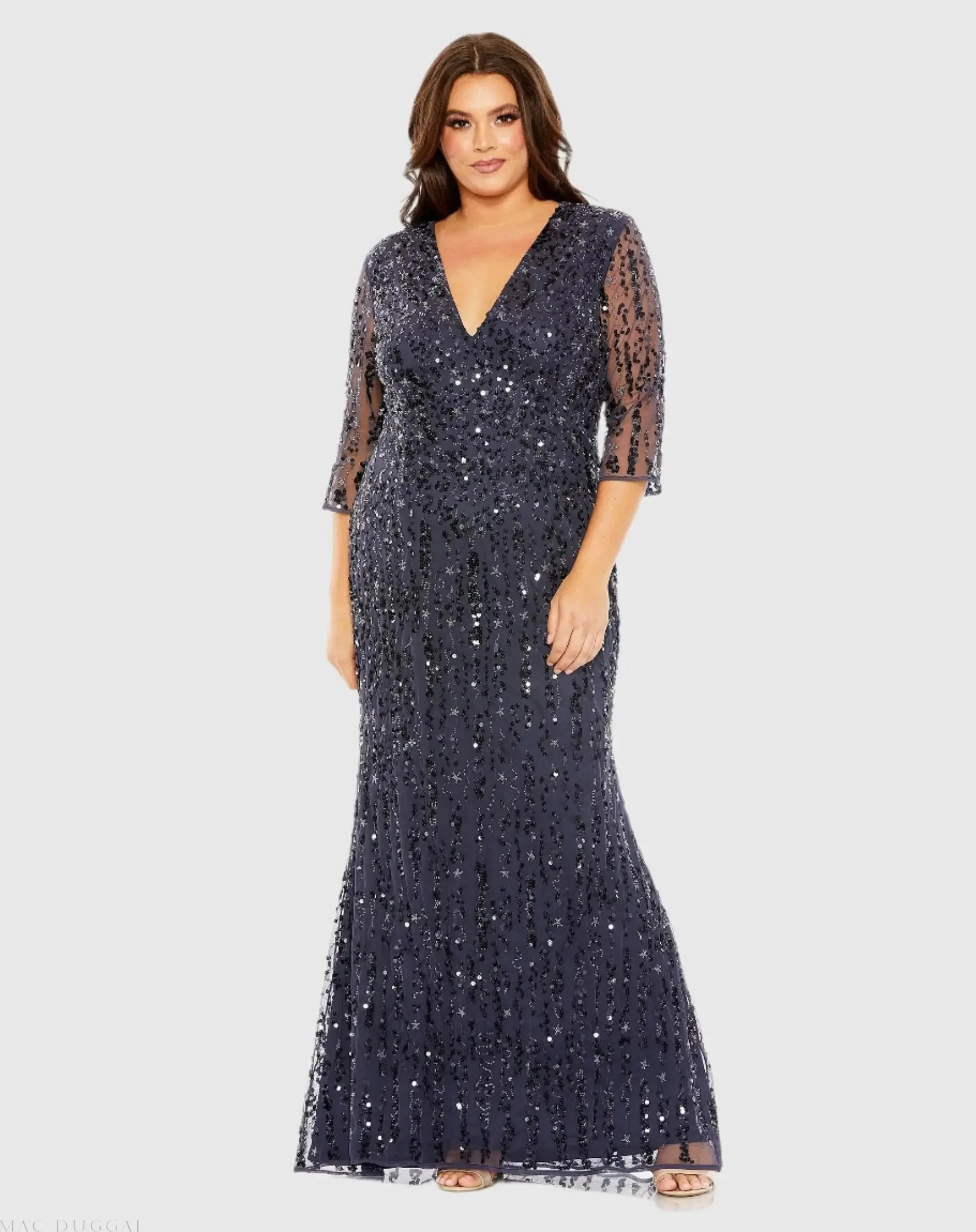 Mid Length Mesh Sleeve V Neck Embellished Gown