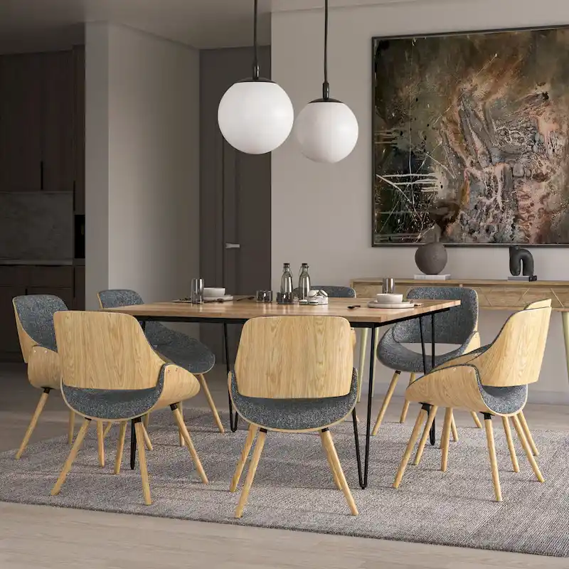 Mid Century Modern Bentwood Dining Chair with Light Wood in Polyester linen - 22.8 D x 20.9 W x 30.9H