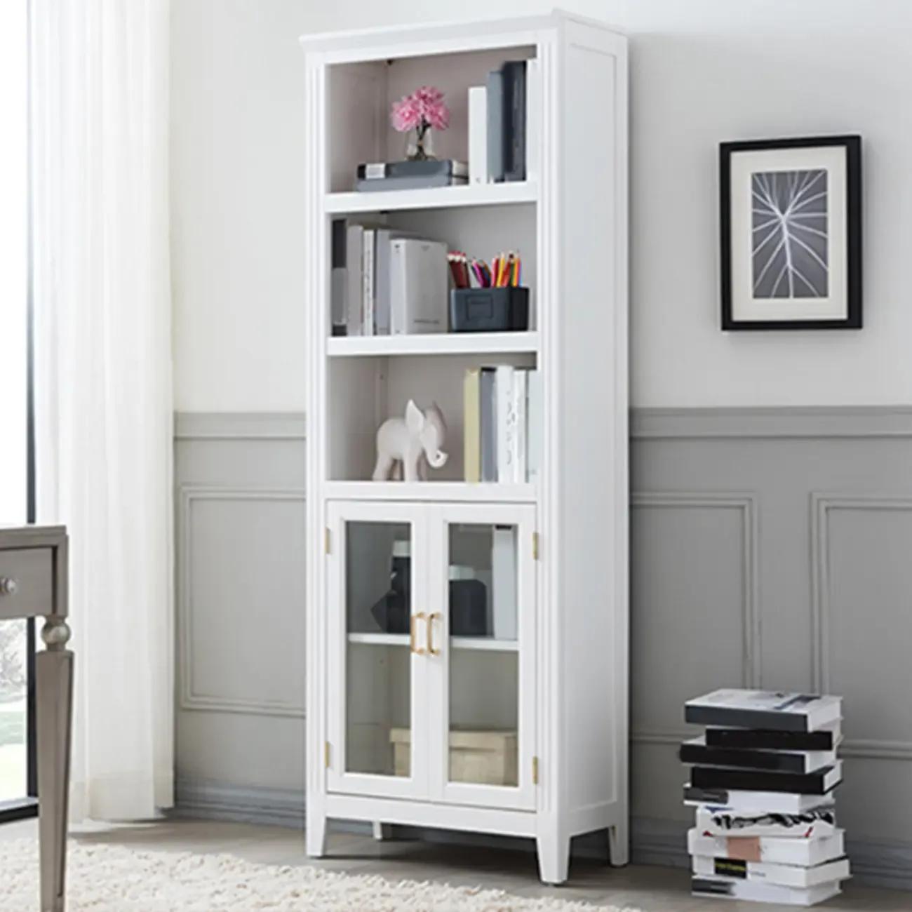 Mid-Century Modern Home Accent Wood Glass Paned Cabinet