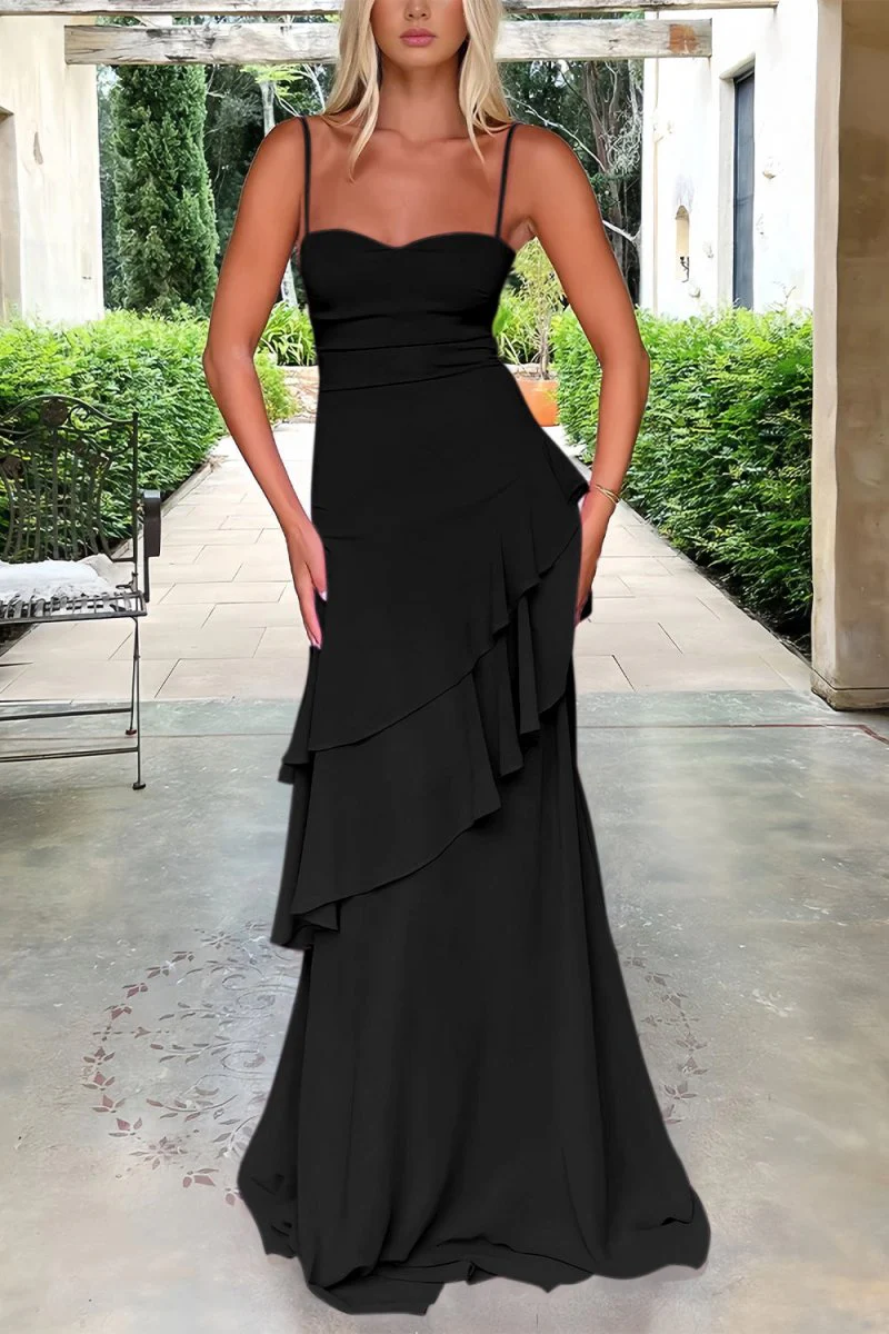 Red - Sheath Spaghetti Straps Chiffon Long Prom Dresses with Ruffles