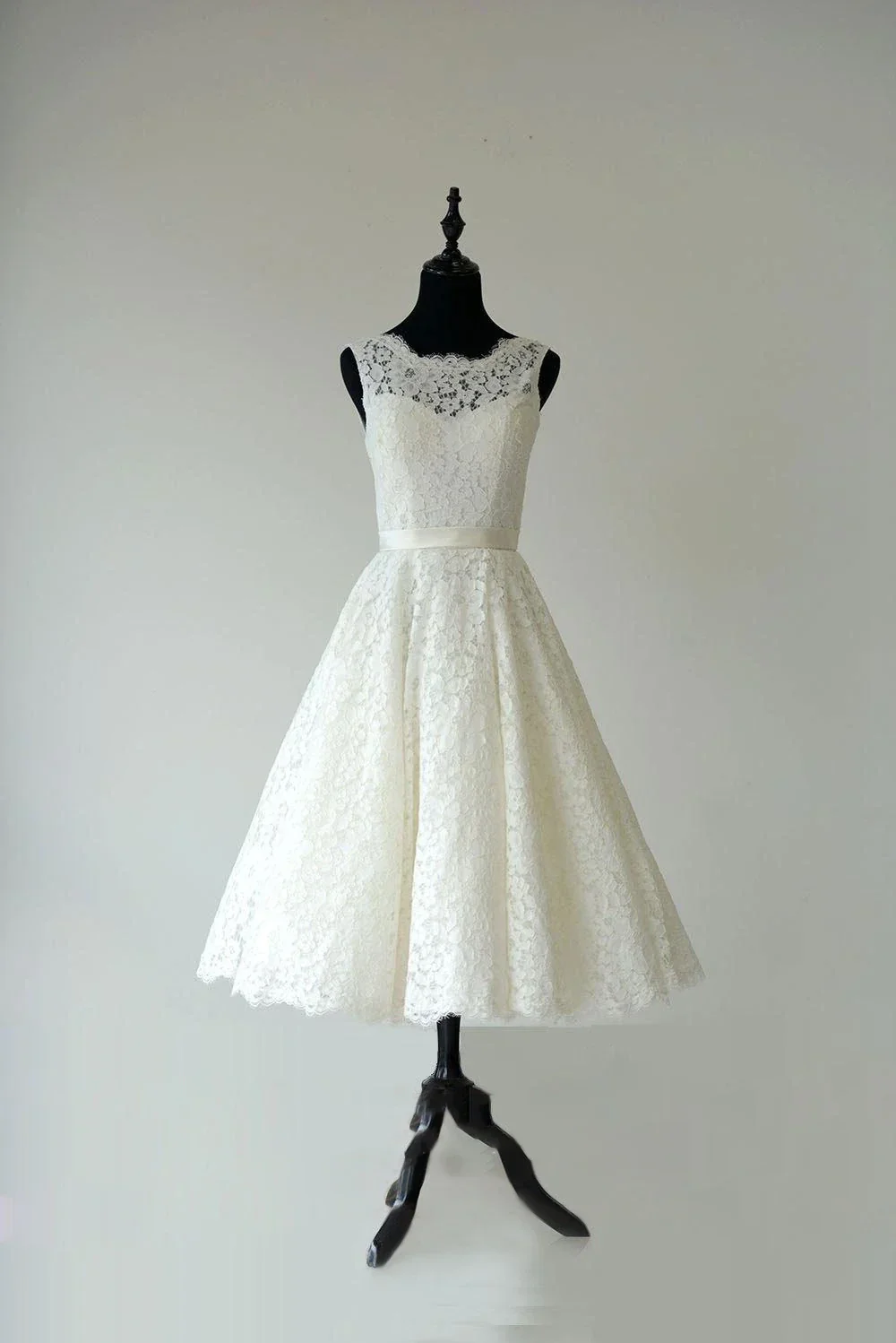 Sleeveless Sheer Illusion Neckline Tea Length Garden Bridal Dress With Waistband