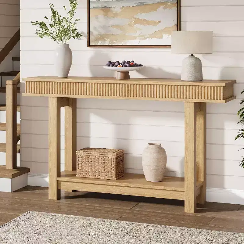 Wooden Farmhouse Console Table  Fluted 2-Tier Design with Shelf, Narrow for Entryway, Hallway, Behind Sofa  Natural Wood