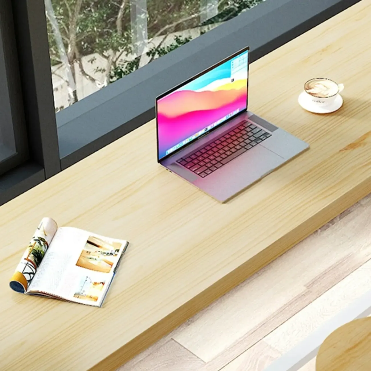 Modern Rustic Pine Wood Top Iron Base Bar Table