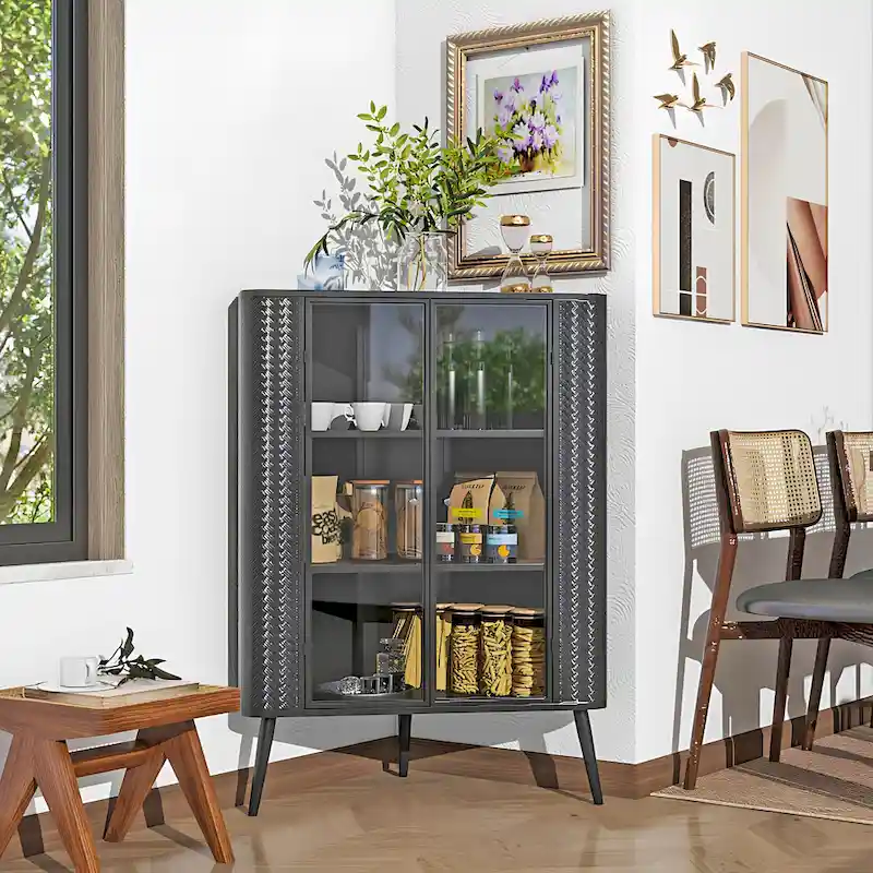 Modern 3-Tier Corner Storage Cabinet with Tempered Glass Doors, Shelves & Metal Frame - Freestanding Space-Saving Organizer