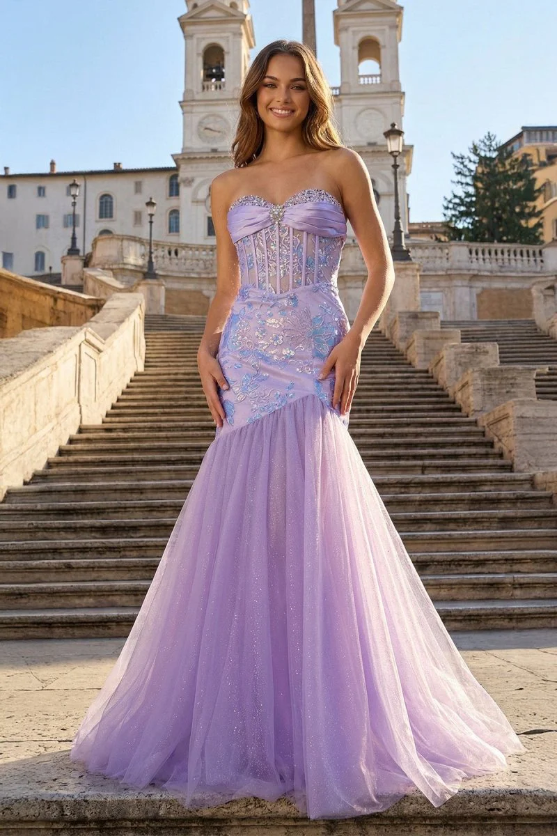 Lilac Sheath Strapless Tulle Pleated Long Prom Dresses With Beading