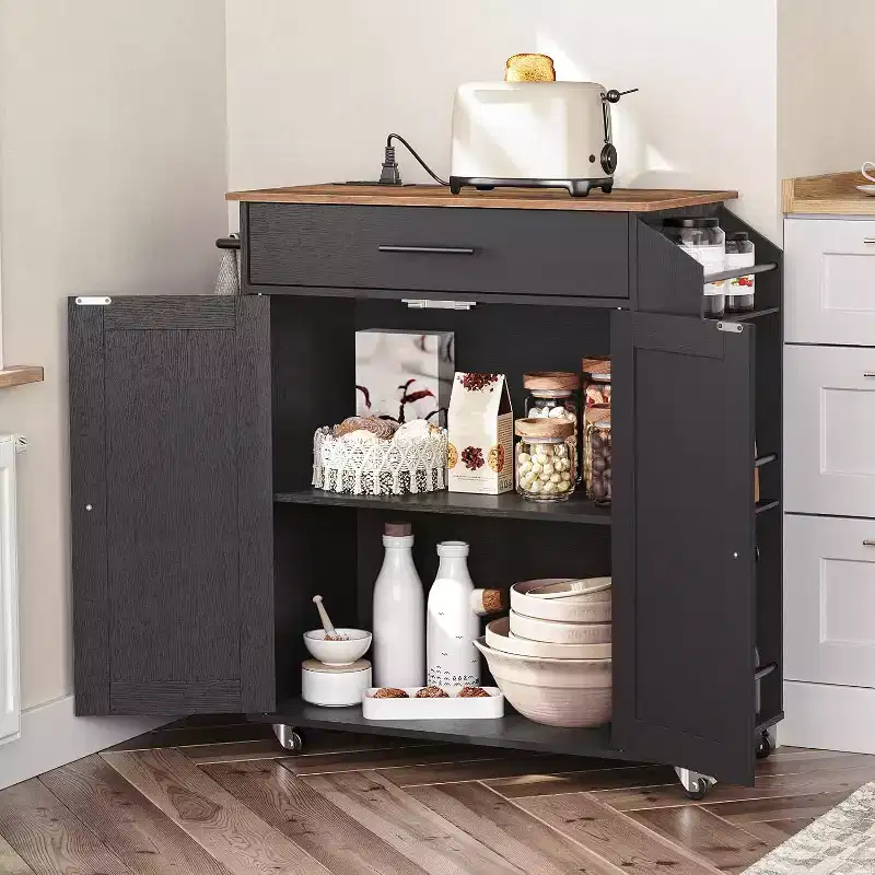ACOINEL Rolling Kitchen Island with Power Outlet, Rustic Brown & Black Storage Cart with Spice Rack & Drawer