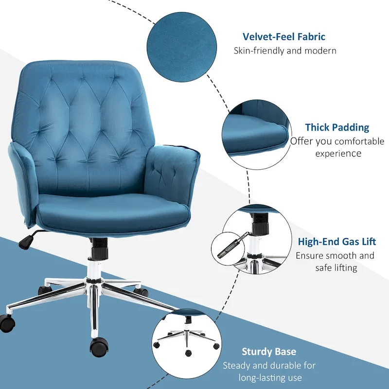 Blue Velvet Mid-Back Office Chair with Arms, Swivel & Adjustable Height