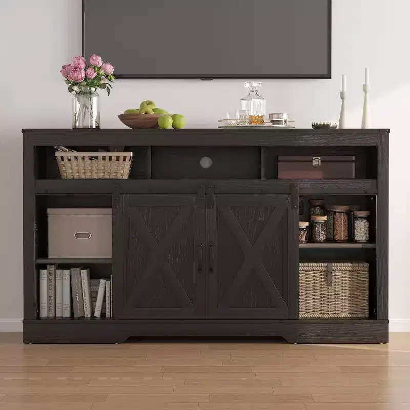 Heynemo Farmhouse TV Stand for 23 Fireplace, 34'' Tall Entertainment Center for 65''+ TV, TV Console with Sliding Bar Door (without Fireplace)