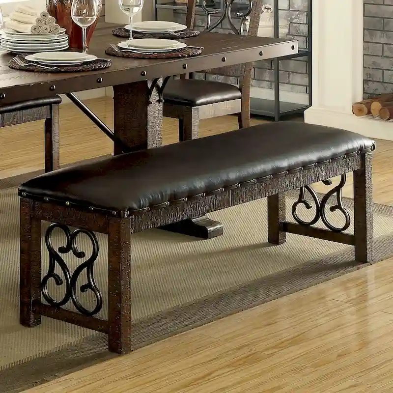 Rustic Walnut Faux Leather Dining Bench with Metal Scroll Detail – Multi-Person