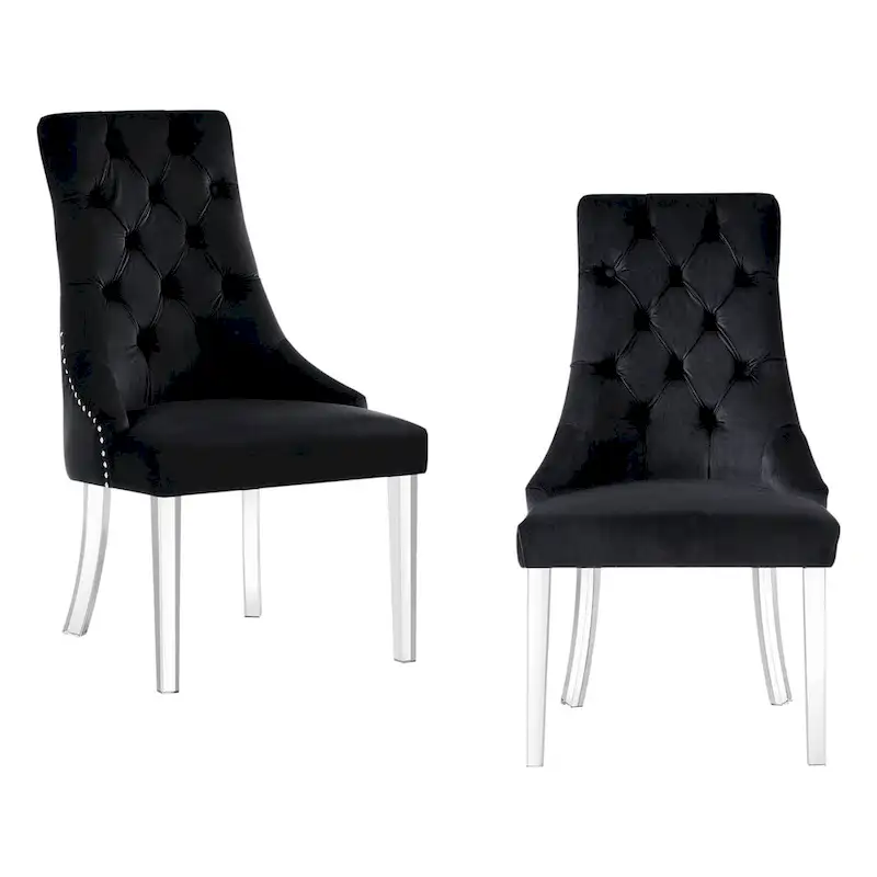 HomeRoots Set of Two Tufted Black and Clear Upholstered Velvet Dining Side Chairs