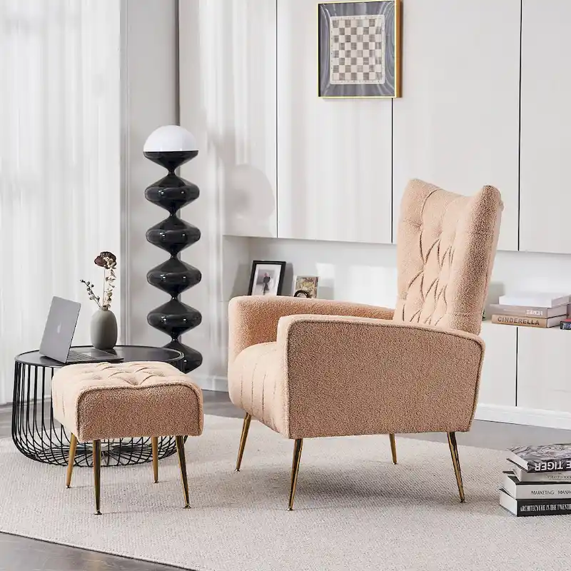 Gray Wingback Accent Chair with Ottoman Set