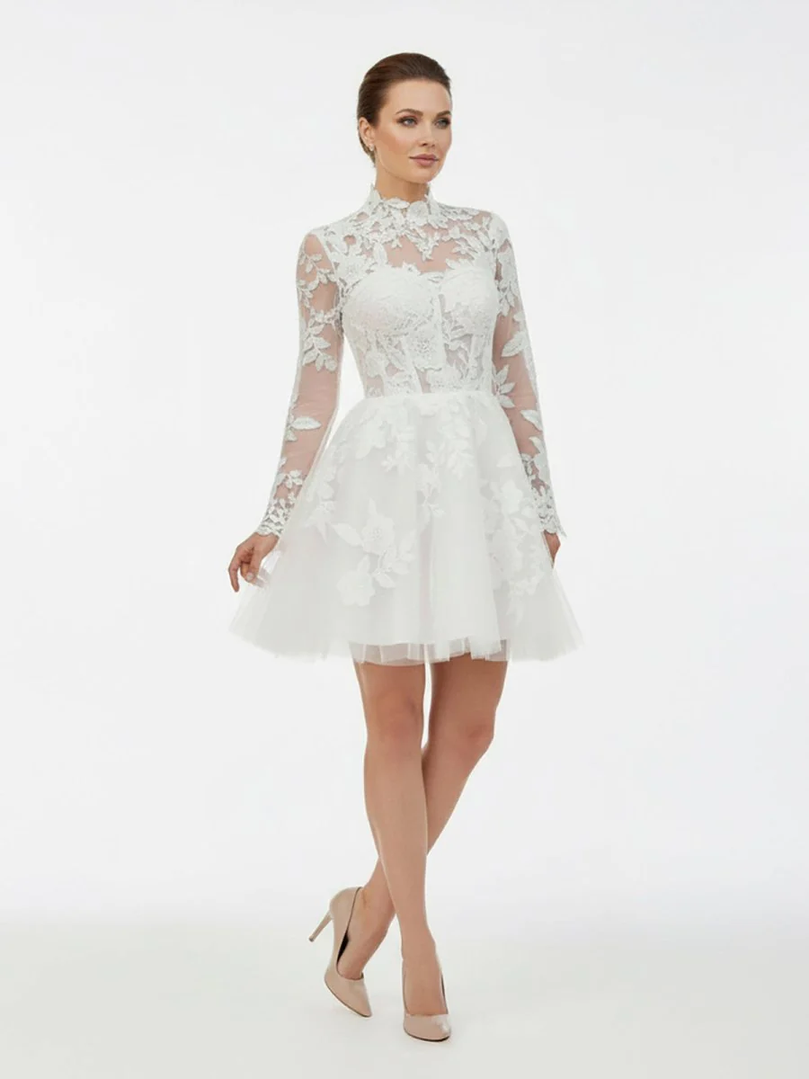 Short White A-Line Illusion Neck Long Sleeves Lace Wedding Dresses