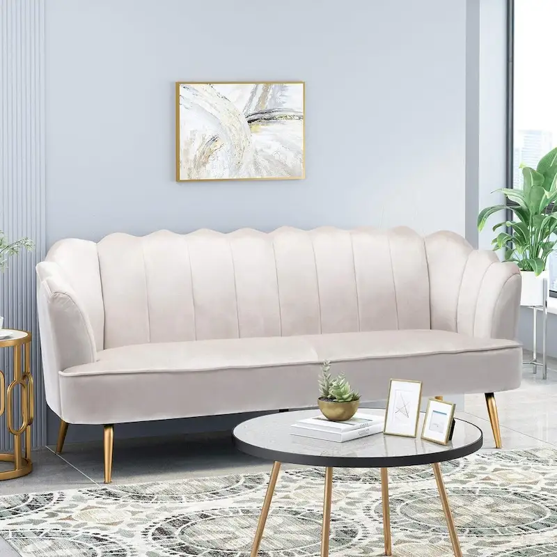 Velvet Channel Stitched 3-Seater Sofa with Gold Metal Legs