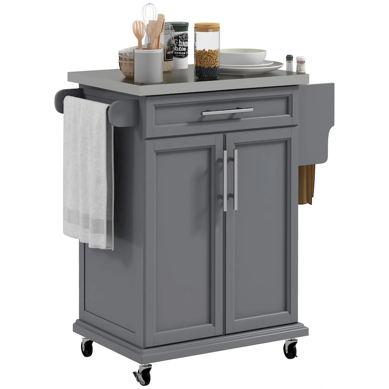 Kitchen Island on Wheels, Rolling Kitchen Cart with Stainless Steel Countertop, Drawer, Towel Rack and Spice Rack