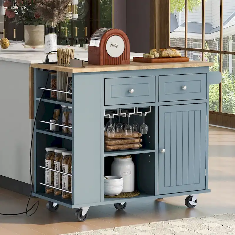Kitchen Storage Island with Drop Leaf and Power Outlet