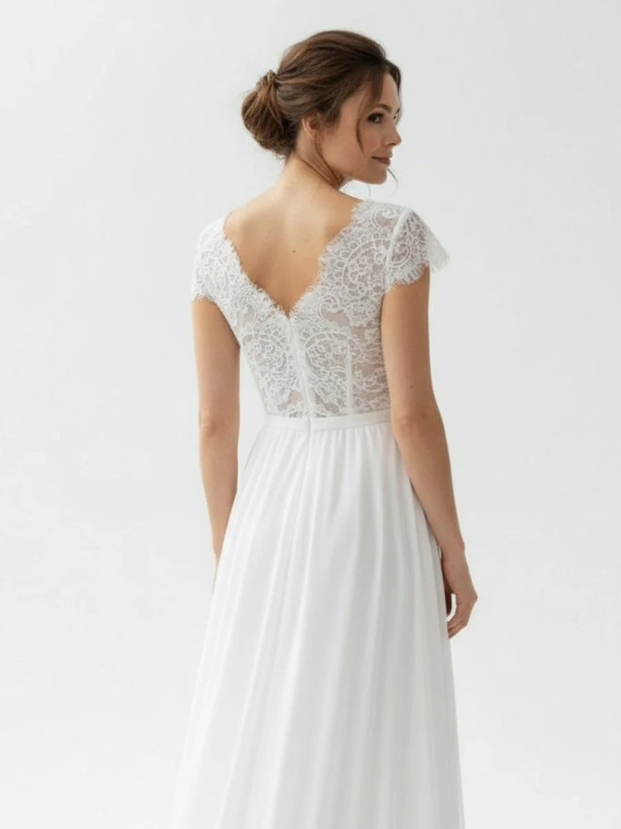 Boho See Through Lace V-Neck A-Line Chiffon Wedding Dress