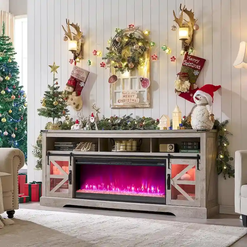 Rustic Oak / White Farmhouse Electric Fireplace TV Stand, Fits up to 80