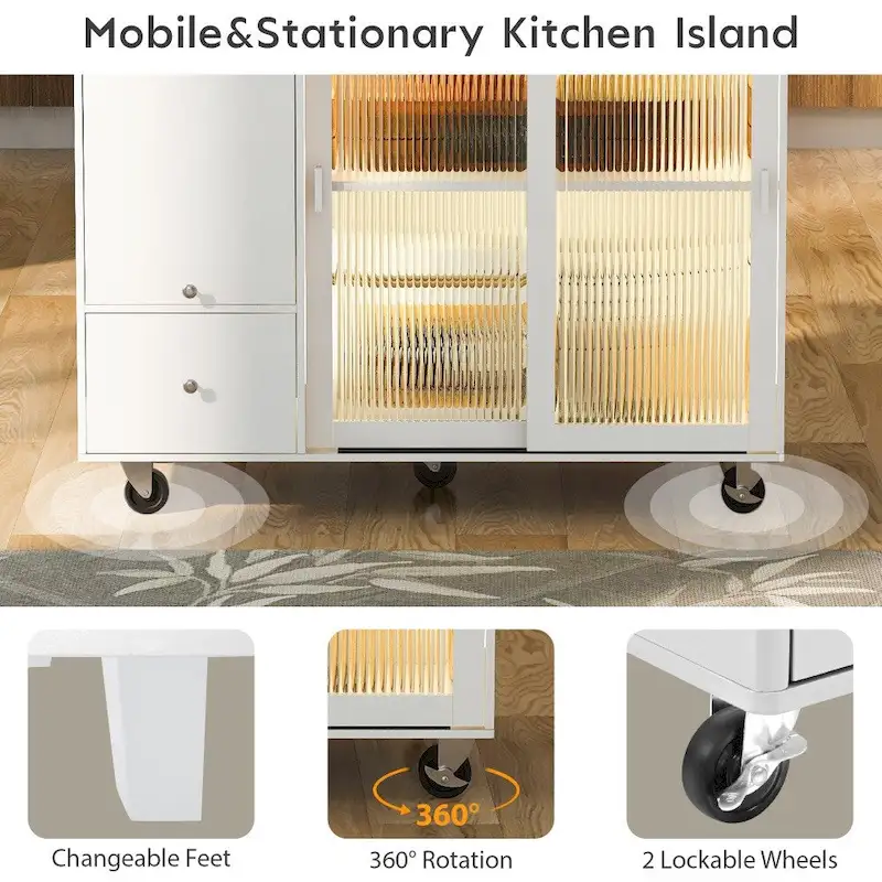 LED Light Kitchen Cart with Drop Leaf and Adjustable Shelf