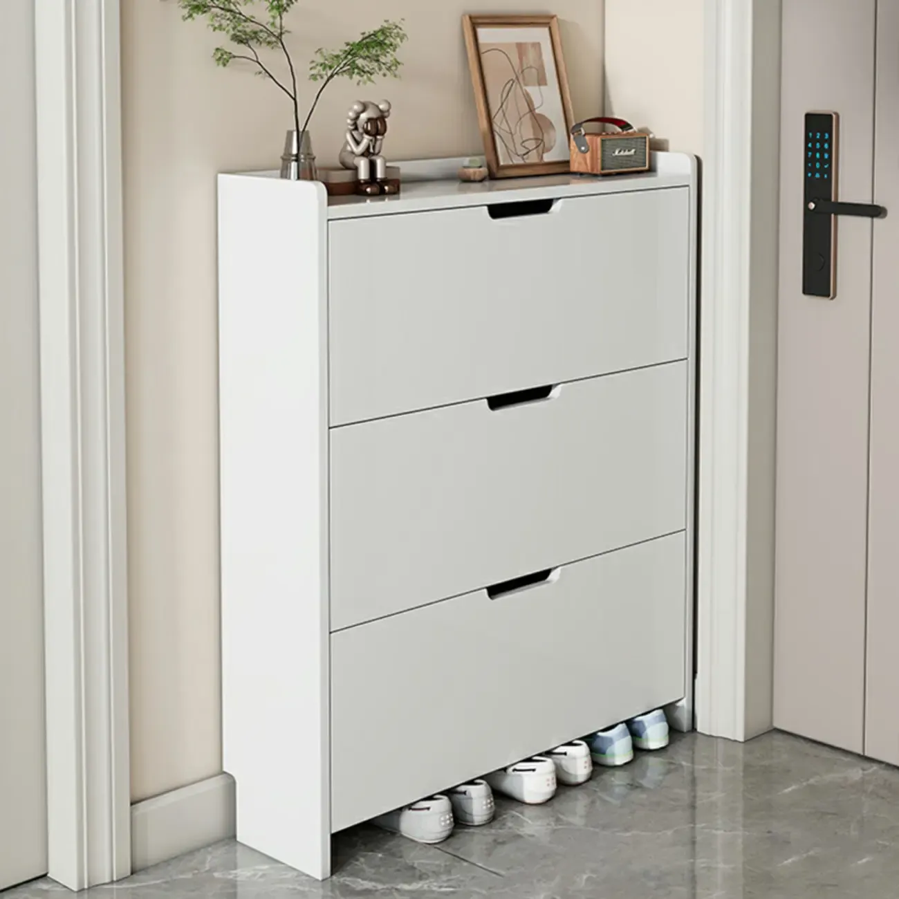 3-Tier White Wood Shoe Cabinet with Drop Front