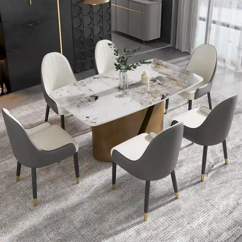 71 & 63 Modern Kitchen Table Marble Sintered Stone Table Top with Metal Gold Finish Legs