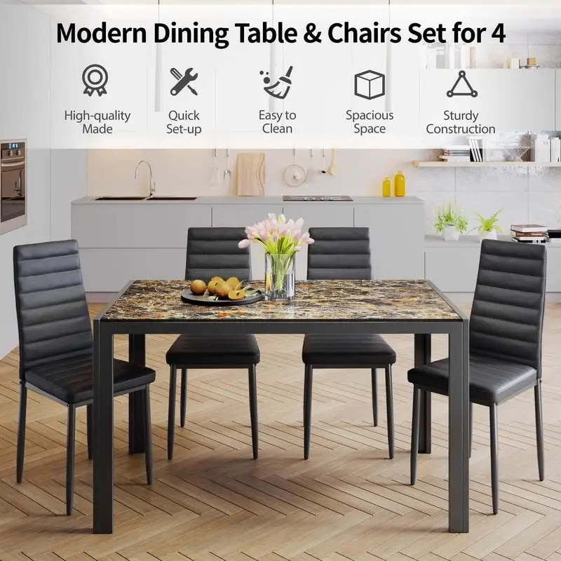 5 Pieces Glass Dining Table Set, 4 Person Modern Home Kitchen Chairs with High Back PU Leather Dining Chairs