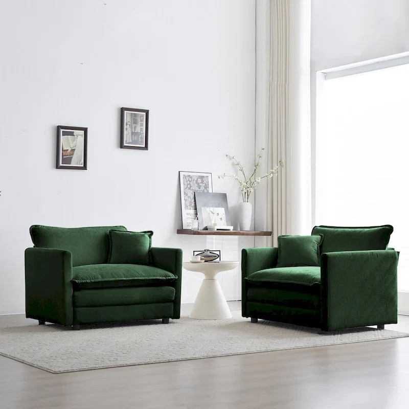 Accent Chair Set of 2, High-end Chenille Upholstered Armchairs, Living Room Side Chairs with Toss Pillow, Green Chenille