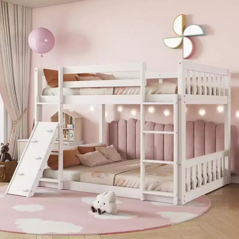 Floor Bunk Bed Twin Over Twin with Climbing Ramp for Kids, Wooden Bunk Bed Frame with Ladder and Guardrails, White
