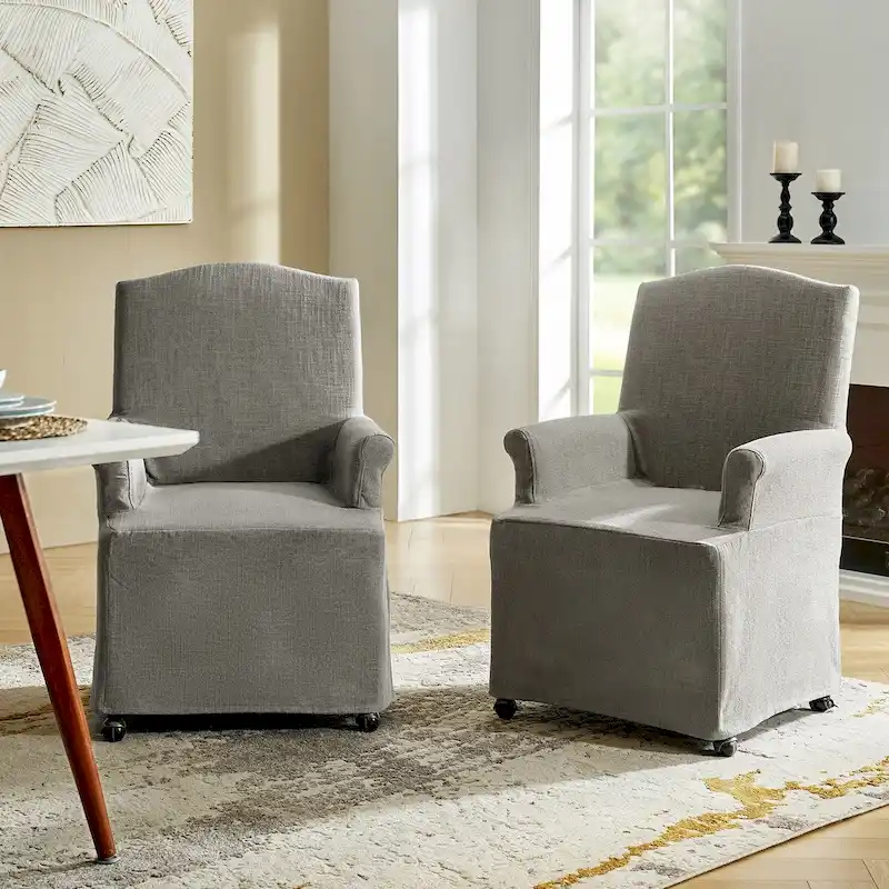 Upholstered Slipcover Arm Dining Chairs with Solid Wood Legs Set of 2
