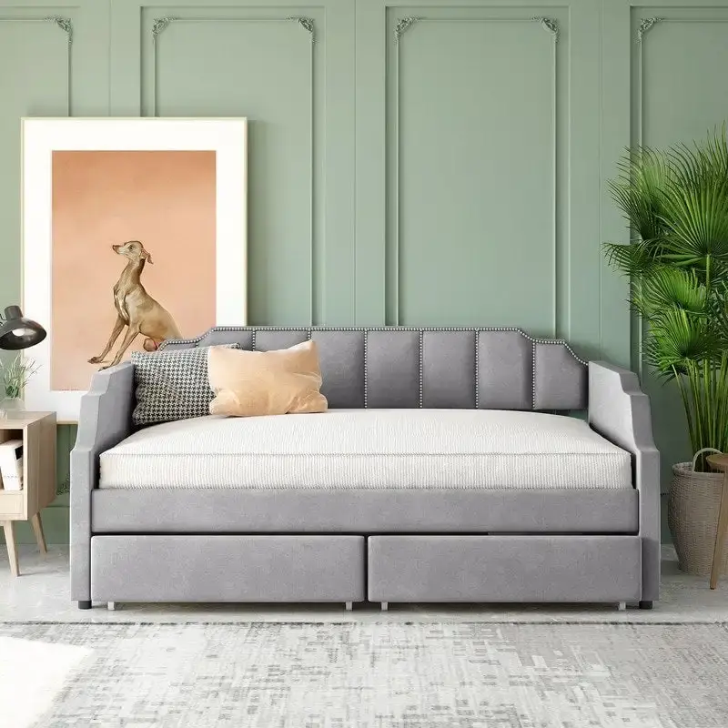 Beige / Grey Upholstered Twin Daybed with Storage Drawers, Sleeps 1
