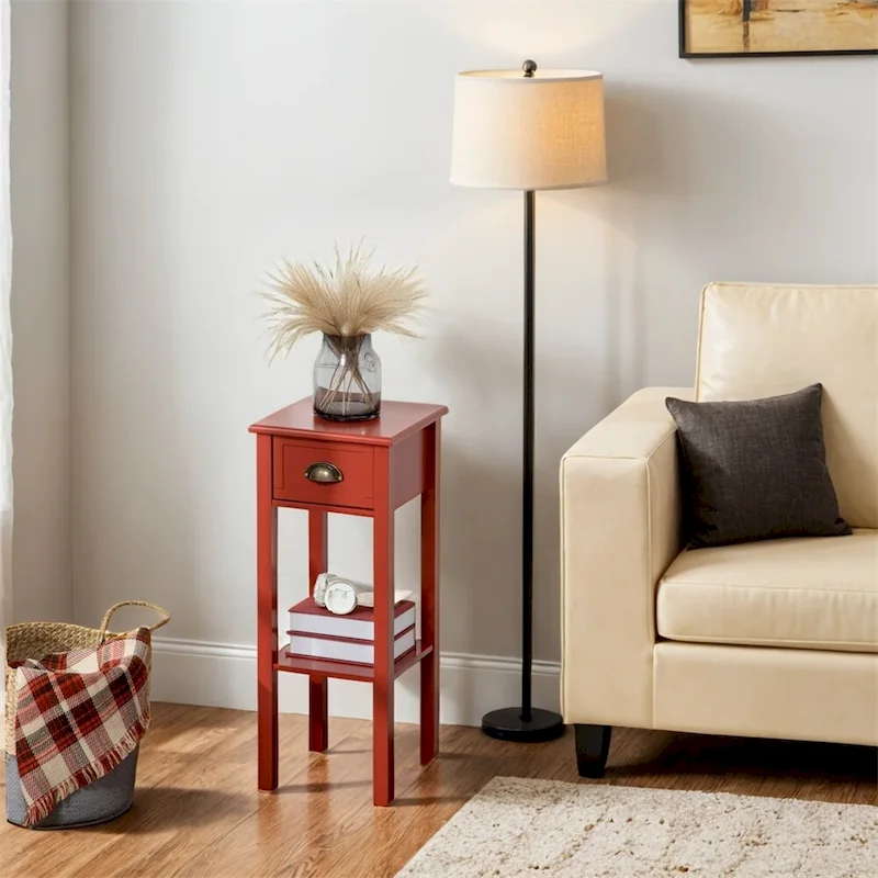 2-Tier Narrow Side Table with Drawer and Bottom Shelf