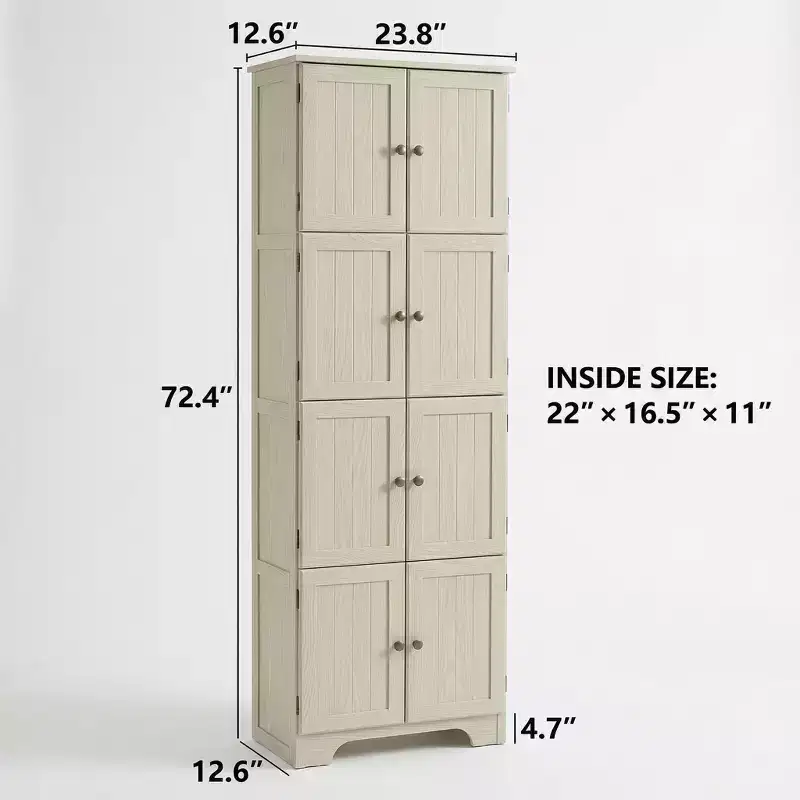 JVNOXK 72.4 White Freestanding Tall Storage Cabinet with 8 Doors & 4 Shelves for Home