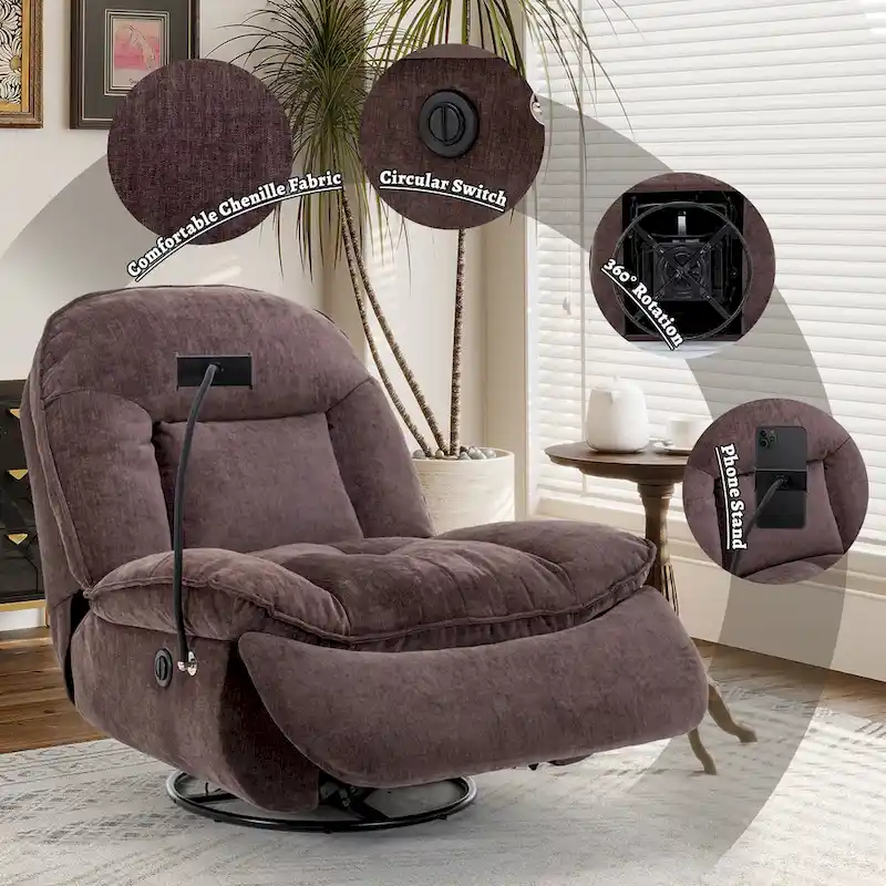 Clihome Adjustable Swivel Chenille Recliner with Phone Holder