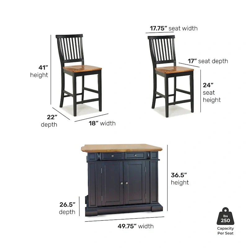 Black Kitchen Island Set with 2 Stools - Distressed Oak Top