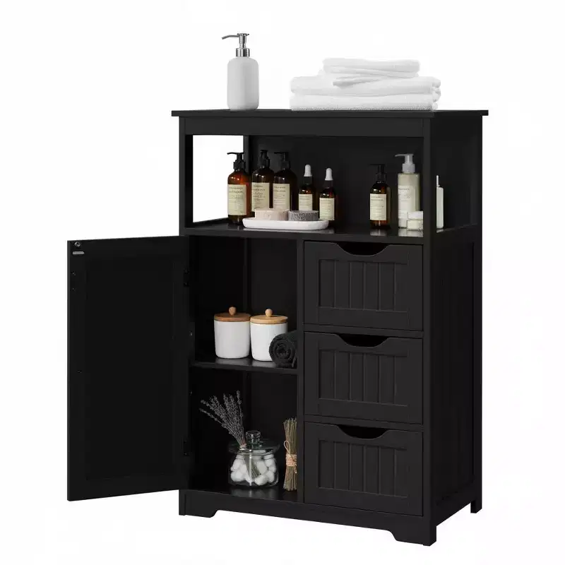 Dcolora Bathroom Floor Cabinet with 3 Drawers & Door, Adjustable Shelf, 35.5 Black