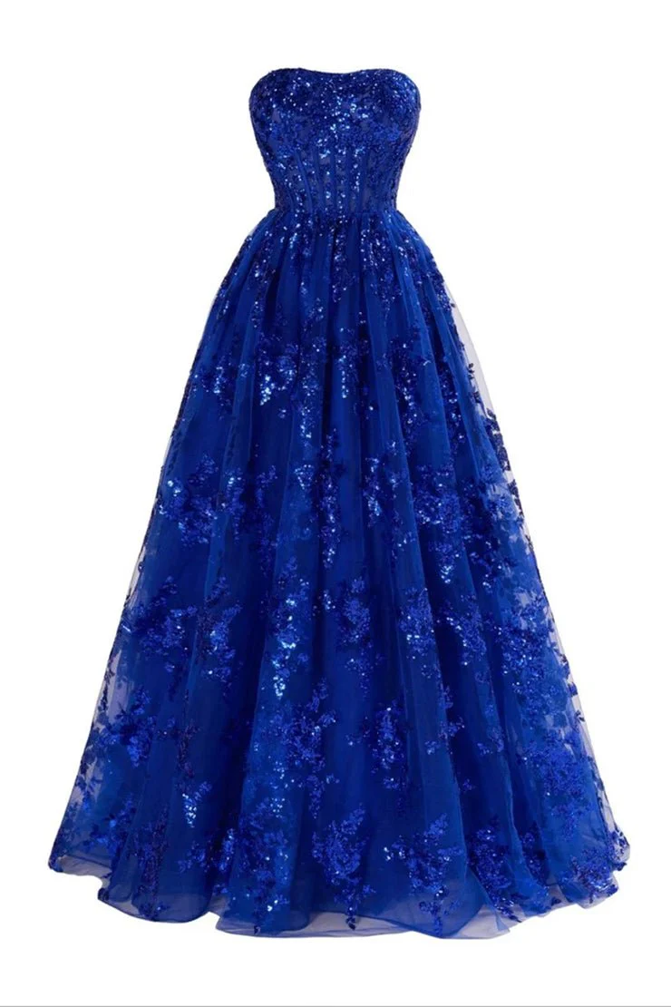 Royal Blue - A Line Strapless Pleating Long Prom Dress With Applique
