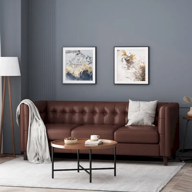 Contemporary Faux Leather Button-Tufted 3-Seater Sofa with Birch Wood Legs – Dark Brown / Cognac / Midnight, Seats 3