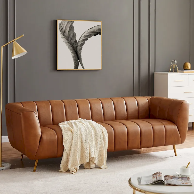 Clovis Mid Century Modern Furniture Style Upholstered Leather Couch in Cognac Color