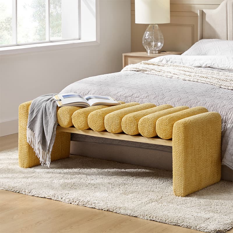 H-Frame Solid Wood Bench with Removable Round Bolster Cushions & Solid Wood Legs | Black / Sage / Yellow | Single