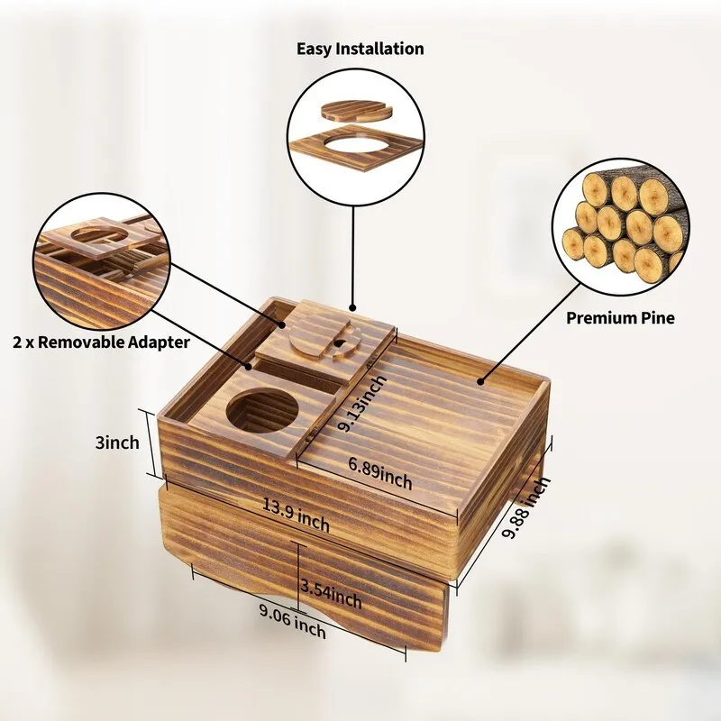 Brown Wooden Sofa Armrest Tray with Cup Holders - Multi-Person Use